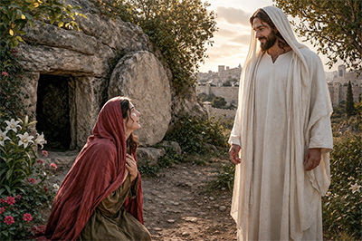 Mary Magdalene and Jesus outside the tomb